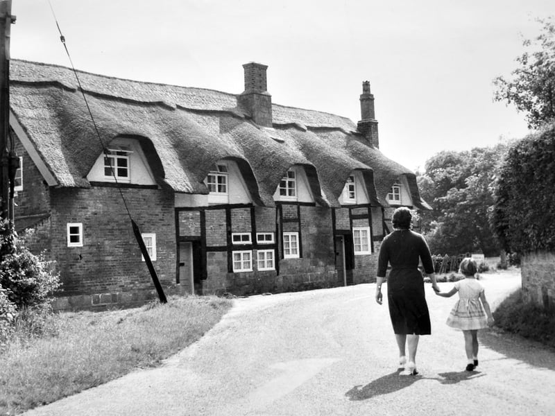 A charming street scene in Badger village, showing thatched cottages and a peaceful rural landscape on 17 May 1961.