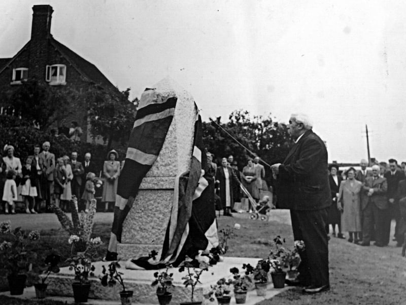 The unveiling of the Richard Baxter monument in Rowton, unveiled by John Beard on 14 July 1951, on the village green at Baxter’s birthplace near Wellington, marking a tribute to the renowned 17th-century divine.