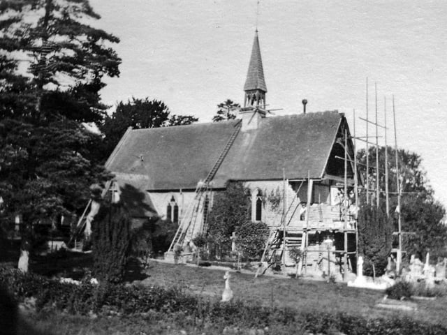 Glazeley Church near Bridgnorth pictured with scaffolding, believed to show repair work following subsidence in 1929, as recalled by local historian David Poyner.
