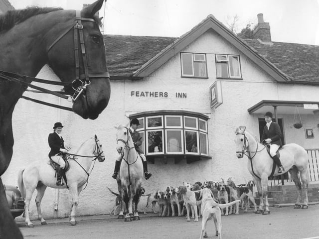 The Wheatland Hunt gathered outside the Feathers Inn in Brockton, in a winter meet captured in February 1971.