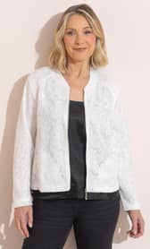 Collarless jackets are a must-have this season and my favourite, the Anna Rose Embroidered Lace Bomber Jacket from Klass, is on sale. Pictured posed by a model for Klass.