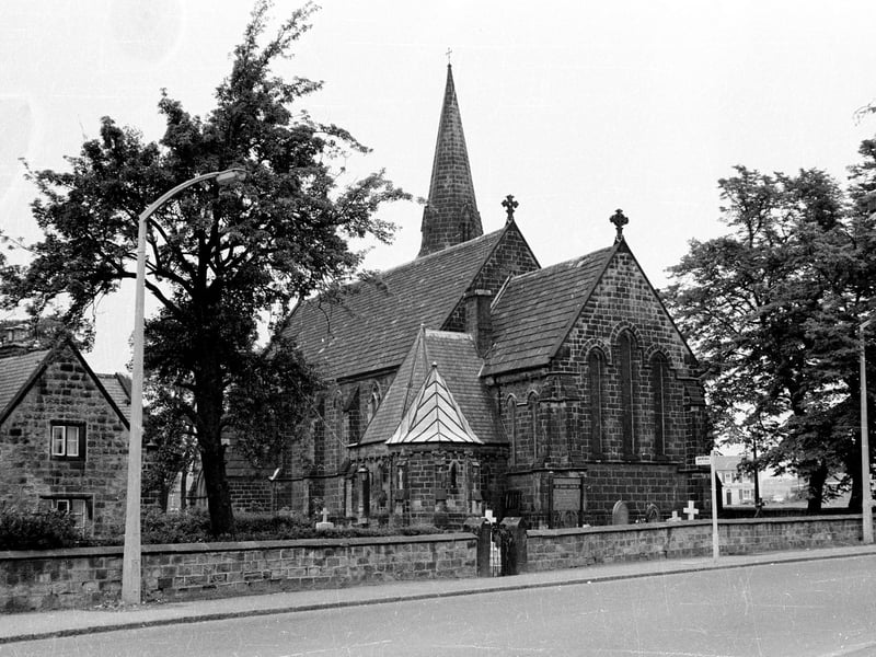 St. James's Church, the Parish Church of Seacroft, seen from York Road circa 1967. The spire reaches a height of 94 feet.
