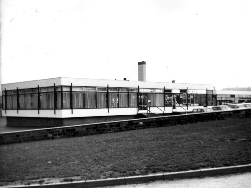 Barwick Road showing the Seacroft Grill fish restaurant on the left and Wimpy Bar in the centre. Crown Motors, petrol station and garage, is just visible on the right. Pictured in December 1965.