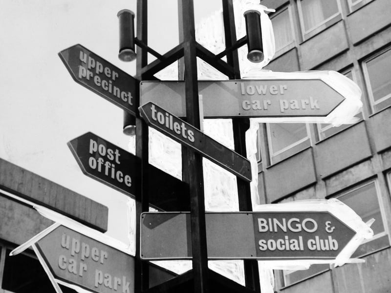 Pointing the way. Signs at the Seacroft Centre in May 1968.