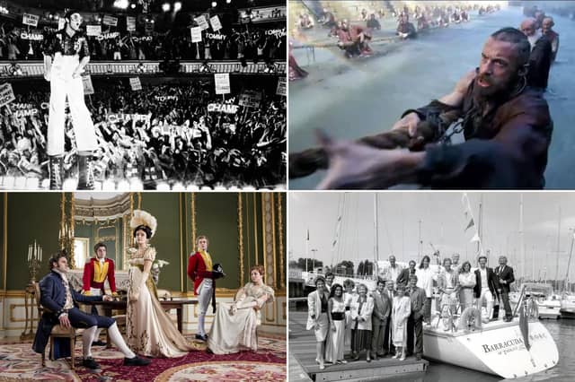 Films and TV shows filmed in and around Portsmouth. Clockwise from top left: Tommy, Les Miserables, Howards Way and Vanity Fair