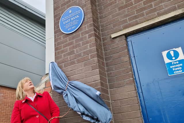 Denise Fox unveils the plaque on Queen's Road, highlighting the location of Sheffield FC's original ground. Photo: David Kessen, Iconic Media