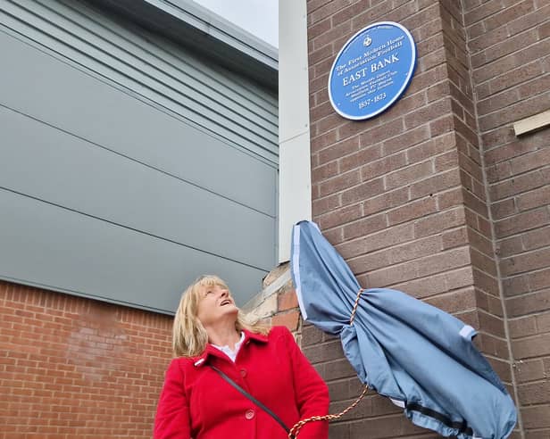 Denise Fox unveils the plaque on Queen's Road, highlighting the location of Sheffield FC's original ground. Photo: David Kessen, Iconic Media