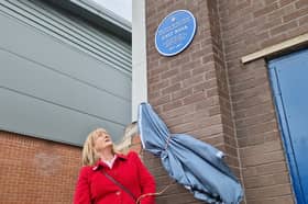 Denise Fox unveils the plaque on Queen's Road, highlighting the location of Sheffield FC's original ground. Photo: David Kessen, Iconic Media