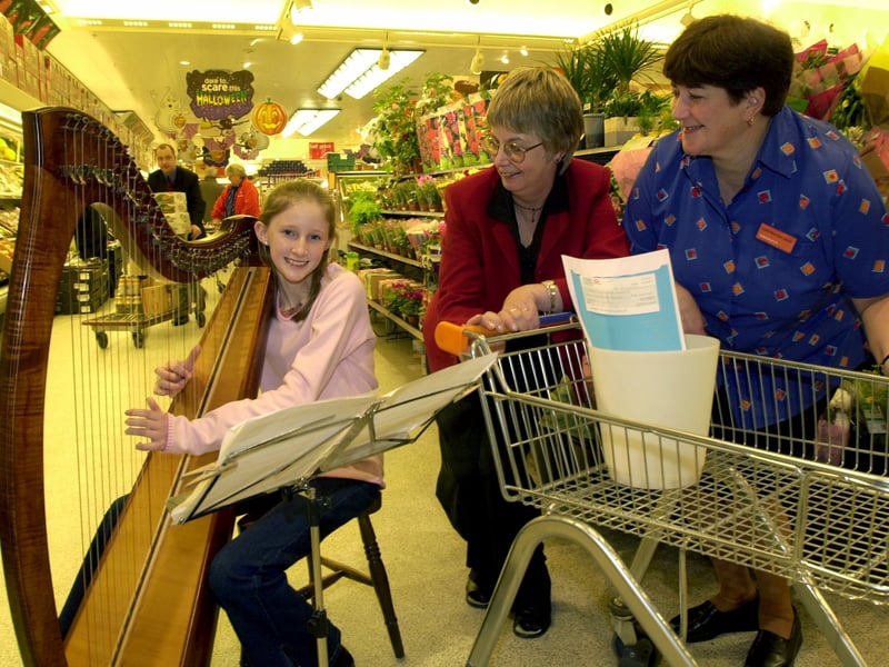 Pauline Bowman, fundraising officer for Martin House Hospice, with a cheque for £2,000 in her shopping trolley at Sainsbury's in October 2001. The cash was raised by Camilla 'Millie' Womack who played her harp in the store.  Also pictured right is Cynthia Bowman from Sainsbury's customer service.