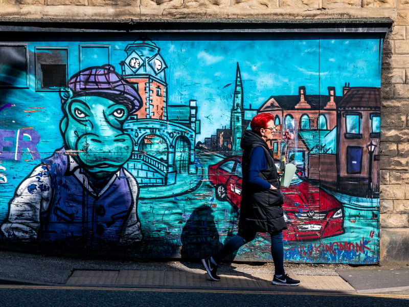The mural depicts not only Armley Town Street, but the legendary Armley Hippo.