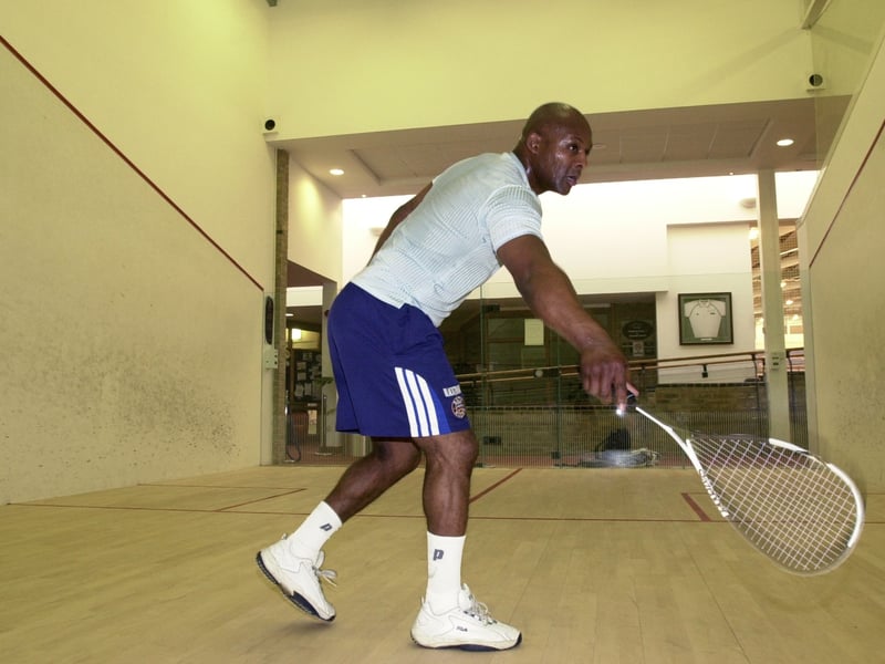 Leeds RL legend Ellery Hanley pictured playing squash at the David Lloyd Sports Centre in September 2003.