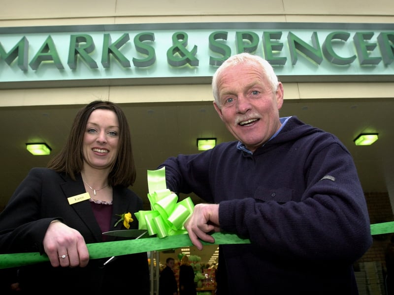 April 2003 and Emmerdale's Chris Chittell opens the refurbished Marks & Spencer store with help from manager Karen Hulbert.