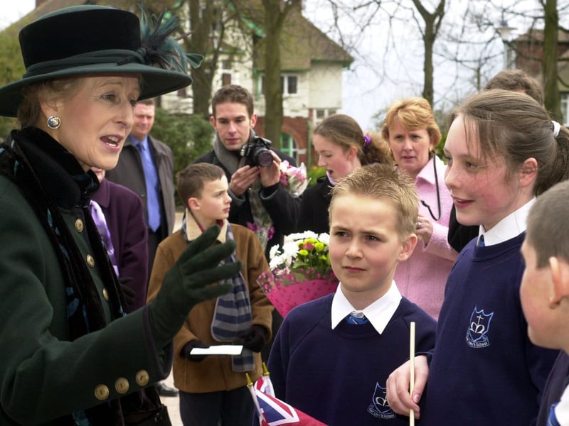 HRH Princess Alexandra chats to pupils from Our Lady's Catholic Primary School, from left, Richard Wilkinson, Jade Swithinbank and Kyle Rennison during her visit to St Gemma's Hospice in April 2003.