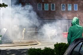 Firefighters tackle a skip fire Hermitage Street, Highfield, Sheffield, on Tuesday April 21, 2026. Photo: Matt Tate