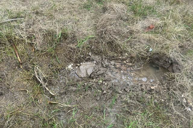 The open mouth of the pipe spewing water onto the lawn