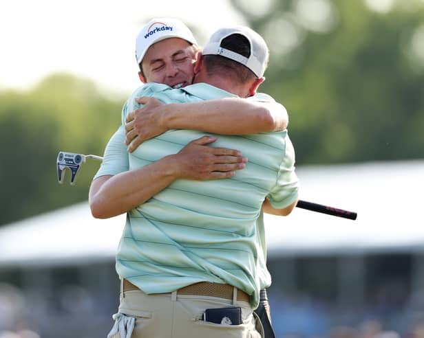Matt Fitzpatrick (L) and brother Alex celebrate on the 18th green after winning the Zurich Classic of New Orleans 2026 at TPC Louisiana on April 26, 2026 in Avondale, Louisiana. (Photo by Stacy Revere/Getty Images)