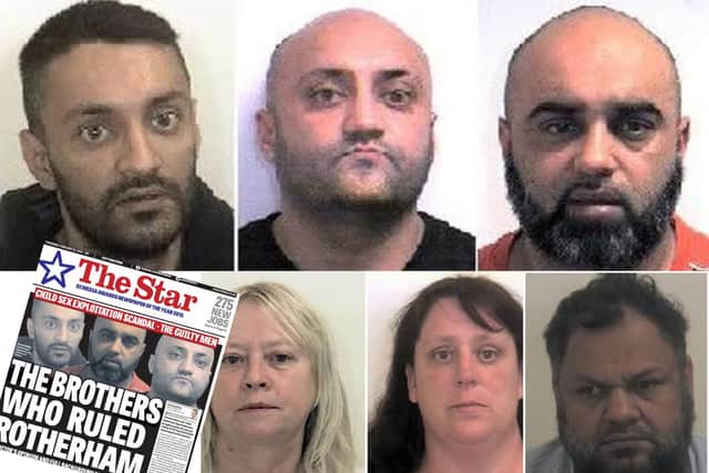 An evil Rotherham child abuse gang who stole the childhoods of vulnerable girls were sentenced to 102 years in jail in February 2016, following a trial at Sheffield Crown Court. Ringleader Arshid Hussain (top left) – who led the appalling sexual and physical abuse of young teenagers in the town who were often then trafficked and sold for sex in Sheffield and other locations – was jailed for 35 years. His brothers, Basharat Hussain (top middle) and Bannaras Hussain (top right), got 25 years and 19 years respectively