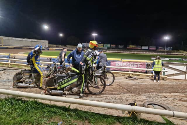 Sheffield and Ipswich speedway riders at the two clubs' meeting at Owlerton last September. Photo: David Kessen, Iconic Media