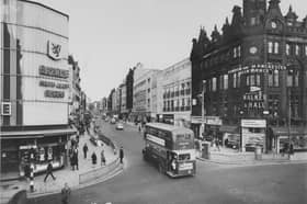 Leeds, Briggate, in the 1960s, with shops including Saxone shoes