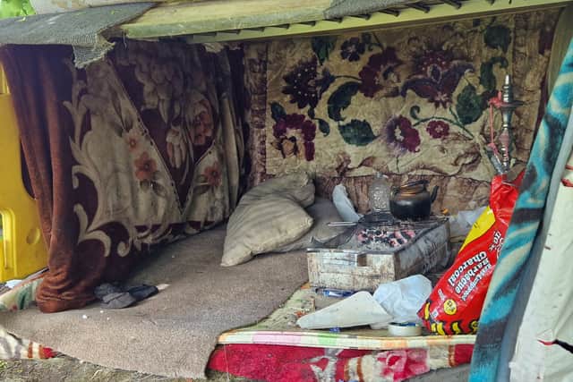 A man in the rough sleeping encampment showed The Star inside his shelter, where a tea kettle was heating on top of a smouldering portable barbecue.