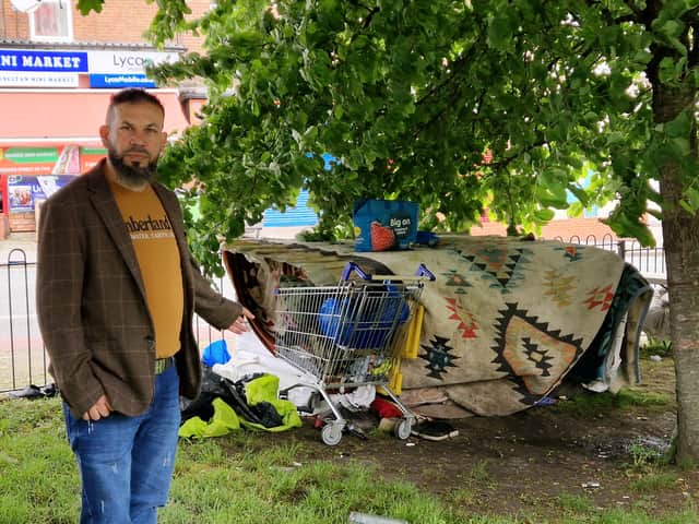 Councillor Mustafa Ahmed in front of the rough sleeping shelter. He says he wants to rough sleepers moved on from Ellesmere Green and to restore the park as a place for families.