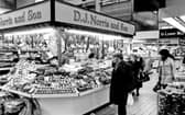 D. J. Norris and Son fruit stall at Castle Market, Sheffield city centre, in February 1977