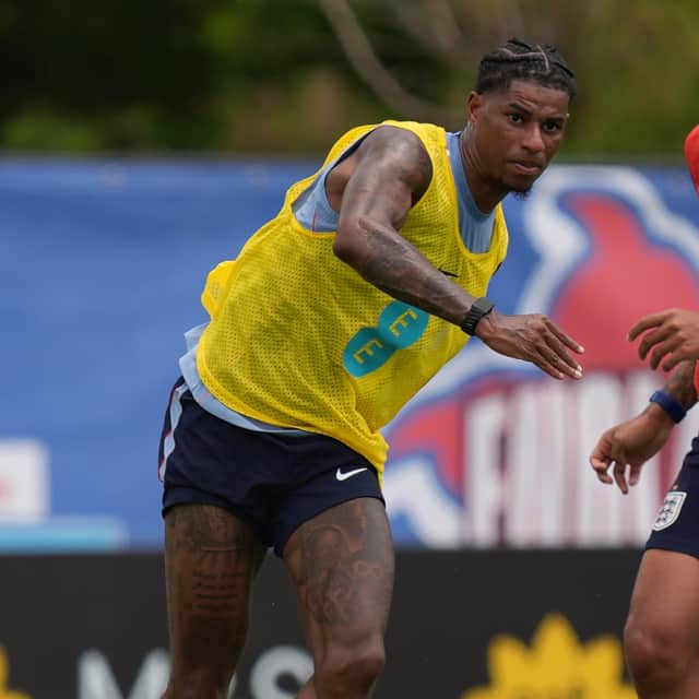 England forward Marcus Rashford controls the ball during a training session for the national soccer team in Palm Beach Gardens, Fla., Tuesday, June 2, 2026, ahead of the World Cup soccer tournament. (AP Photo/Rebecca Blackwell)