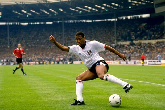 1988: John Barnes of England in action during the Rous Cup match against Scotland played at Wembley Stadium in London, England. England won the match 1-0. \ Mandatory Credit: Simon Bruty/Allsport