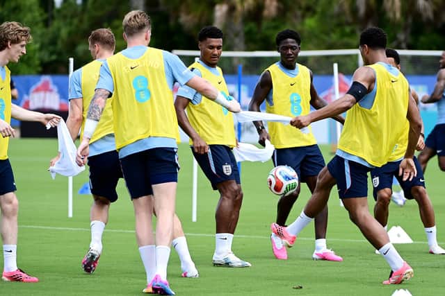 England's Ollie Watkins (centre) during a training session at Palm Beach Gardens, Florida. PA Photo. JC Ruiz/PA Wire.