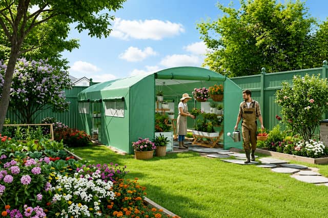 The spacious walk-in greenhouse offers room for growing projects and garden storage under one roof
