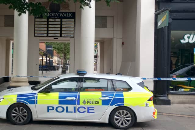 Police at the scene on Priory Walk, Doncaster town centre, on Sunday. Photo: Martin Herron