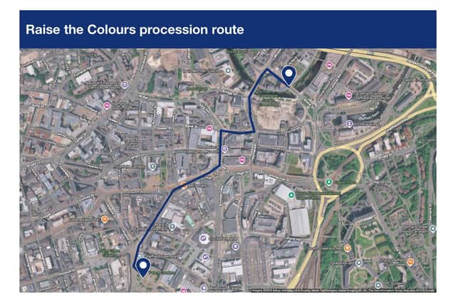The procession route for Raise The Colours. The march from the Peace Gardens to Blonk Street must travel via Fargate, High Street, Angel Street, Castle Street, Waingate, Lady’s Bridge, Blonk Street. They must not arrive at Blonk Street before 2.30pm, and must leave Blonk Street by 4pm.