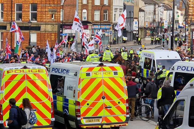 The designated routes and gathering points for a Raise The Colours anti-immigration march in Sheffield on June 13, as well as for a counter protest by SCARF, have been published by South Yorkshire Police. Pictured is a scene from the UKIP march in November 2025.