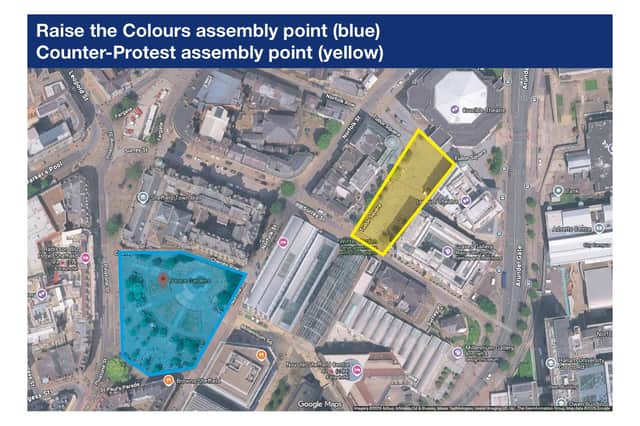 The meeting points for the two protest groups on June 13. Raise The Colours (highlighted blue) is required to meet at the Peace Gardens from 1pm and leave no later than 2.30pm. The counter protest (highlighted yellow) is required to meet at Tudor Square from 11am and leave by 4pm.