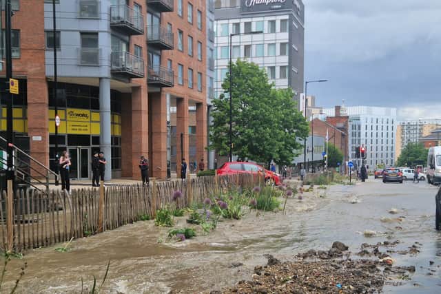 This was the scene on Tenter Street, Sheffield, this evening, after a water main appeared to have burst. Photo: Iconic Media