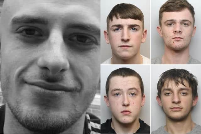 Clockwise from top left: Taylor Meanley, Jack Parkes, Arlind Nika, Joe Anderton were jailed in connection with Lewis Williams (left) murder.