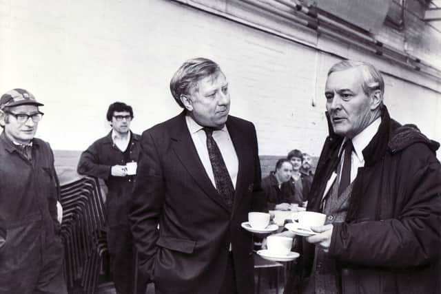 Anthony Neil Wedgwood Benn (Tony Benn)
Pictured with Roy Hattersley on a walk about in Chesterfield
14th February 1984