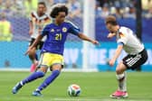 Tahith Chong (left) started Curaçao’s 7-1 defeat to Germany.
