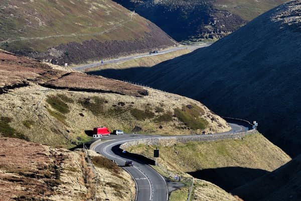 An aerial view of the A57 Snake Pass making its way through the Peak District and over the Pennines