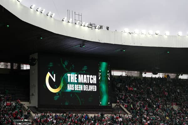 A general view of a match delay notice on the big screen ahead of the FIFA World Cup Round of 16 match at Mexico City Stadium, Mexico. Picture date: Sunday July 5, 2026. PA Photo. Photo credit should read: Martin RIckett/PA Wire.

