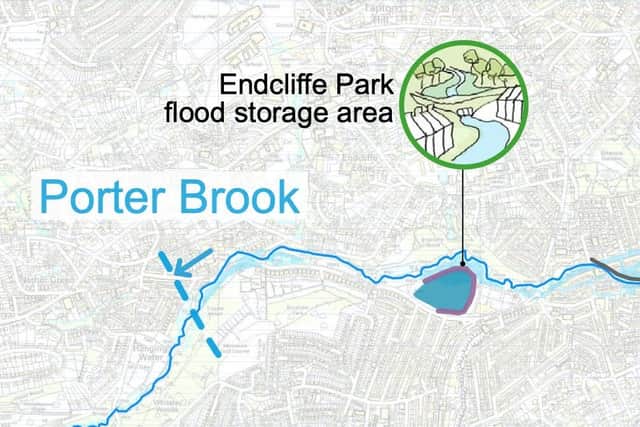 An earth dam, in purple, could be installed at Endcliffe Park to create a flood reservoir during extreme storm events, the council says.