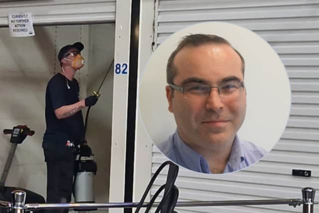 Paul Blackhurst, head of technical academy, Rentokil Pest Control. Inset: Environmental Health spraying stall at The Moor Market to kill cockroaches.