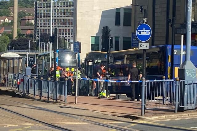 The scene on Commercial Street and Fitzalan Square at 5.30pm. It is believed a pedestrian - reportedly a child - was in a collision with a bus.