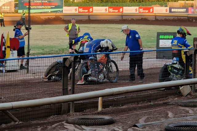 Sheffield's Chris Holder and Anders Rowe prepare for heat 12 against Jan Kvech and Cooper Rushen. Photo: David Kessen, Iconic Media