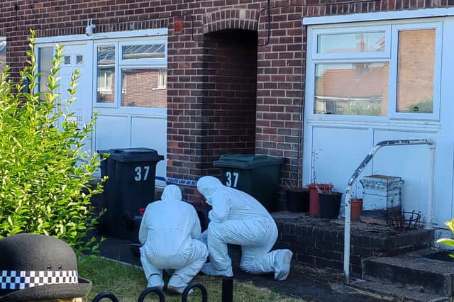 Forensic officers work on address in Byrley Road in Kimberworth, Rotherham, on July 12, 2026, following arrest of Joshua Kerry on suspicion of murder over death of Ann Widdecombe.