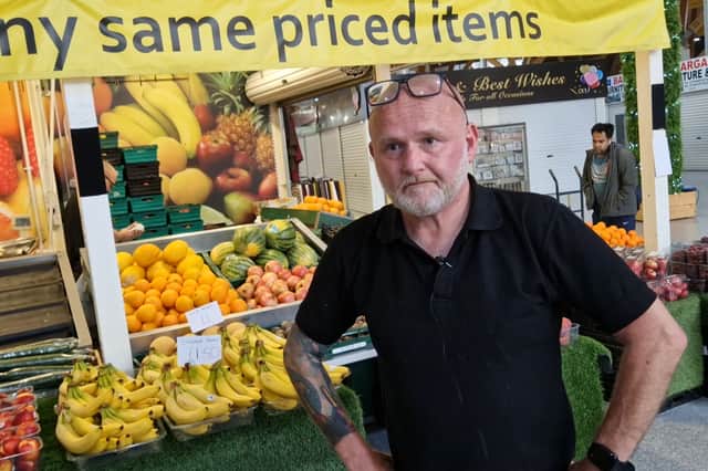 Dane Braddock, of Stuart's Fruit and Veg, on the Moor Market, Sheffield. Photo: David Kessen, Iconic Media