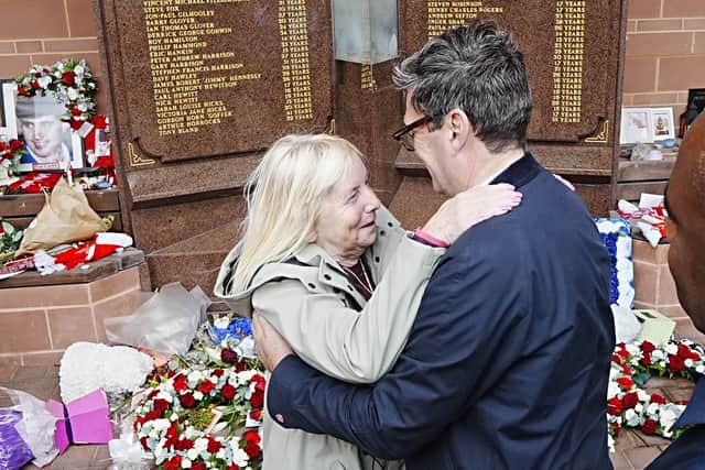 Andy Burnham with Hillsborough campaigner Margaret Aspinall at the memorial at Liverpool’s Anfield stadium (Peter Byrne/PA)