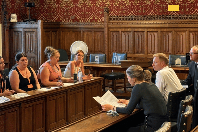 Abuse survivors including Sarah Wilson (pictured second left) and Switalskis Solictors met with MPs to hand in a letter ahead of a Parliamentary debate on the Sentencing Act 2026