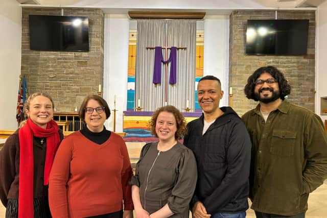 Labour MPs Olivia Blake and Clive Lewis, Councillors Parekh and Ruth Milsom, and We Own It's Sophie Conquest, at St Columba's Church in Crosspool following a public meeting on the state of British water systems