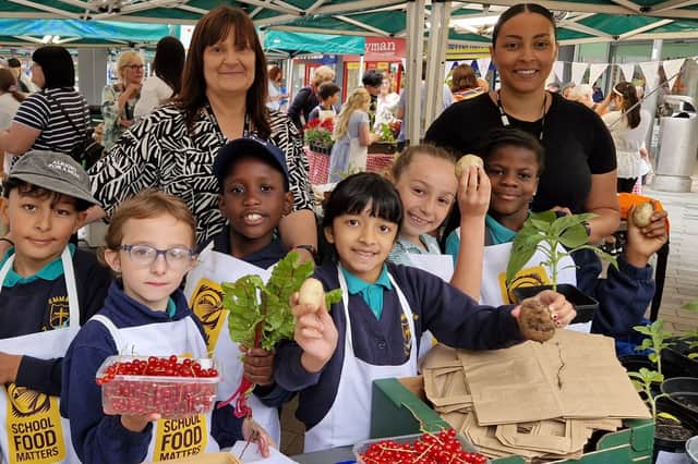 Staff and pupils from Emmaus Catholic Primary School, Wybourn, took part in the School Food Matters Project and sold their produce at the Market on The Moor, Sheffield. Photo: David Kessen, Iconic Media